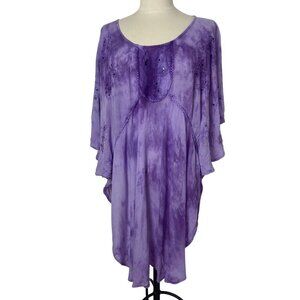 Purple Tie Dye Bat Wing Top One Size Sequin Detail Flowy Boho Festival Caftan